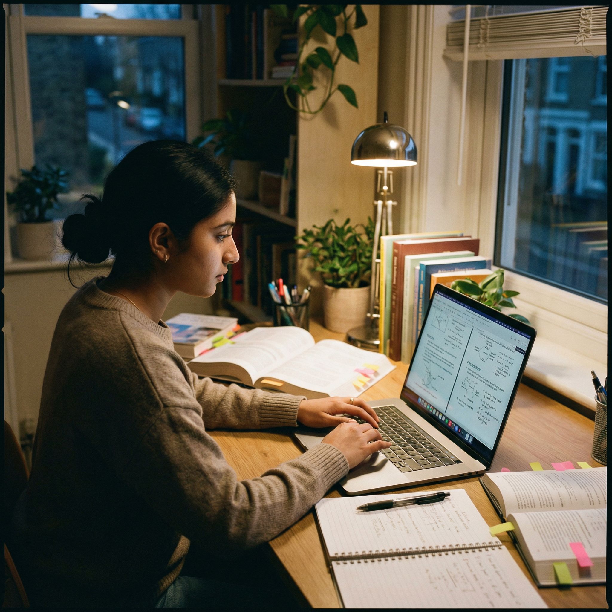 Adolescente travaillant à son bureau avec un ordinateur, un livre et un carnet